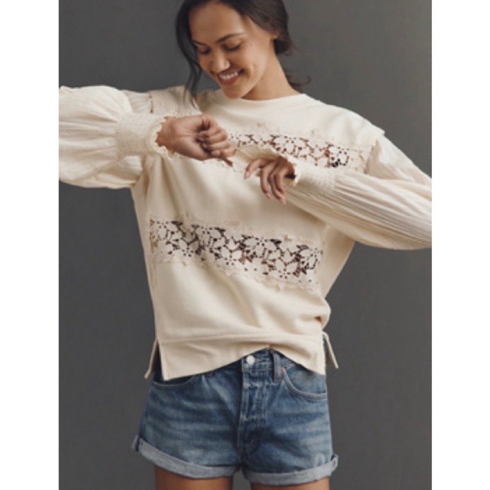 Anthropologie Floral Cutwork Pullover Cream Lace Panel Mixed Media Sweatshirt